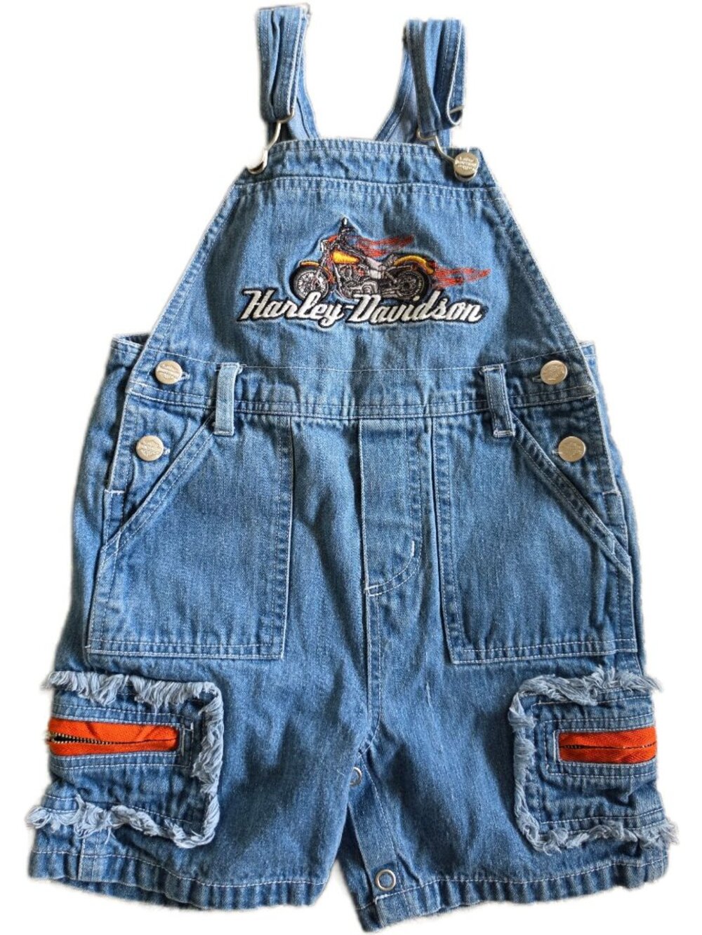 Vtg Y2K Harley Davidson Toddler Overalls 24M Distressed Frayed Orange Gold Zip